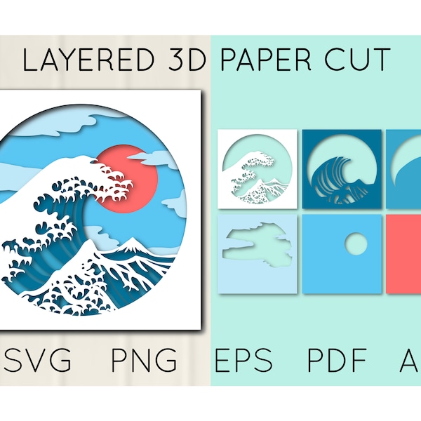 3D Sea Wave Layered Paper Cut, Ocean Wave SVG, Japanese wave paper cut, landscape Shadow Box, Cricut files, Layered paper craft, Light Box