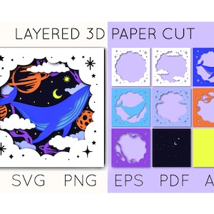 Könnte beinhalten: Geschichtetes 3D-Papier-Schnittdesign mit einem blauen Wal, der in einem sternenklaren Nachthimmel mit Planeten und Wolken schwimmt. Das Design wird von einem weißen Wolkenrand umrahmt. Text: "LAYERED 3D PAPER CUT", "SVG", "PNG", "EPS", "PDF" und "AI".