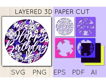 3D Happy Birthday layered paper cut, digital file, cricut, Happy Birthday SVG, greeting card template, Birthday Shadow Box, Birthday gift