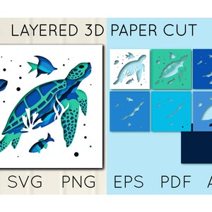 3D Sea Turtle Layered Paper Cut, Sea animal, Cricut file, Sea Turtle SVG, Underwater Layered Paper Cut, Sea Turtle Shadow Box, Light Box