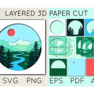 May include: Layered 3D paper cut design of a mountain landscape with a river, trees, and a red sun. The design is in a circle and includes SVG, PNG, EPS, PDF, and AI file formats.