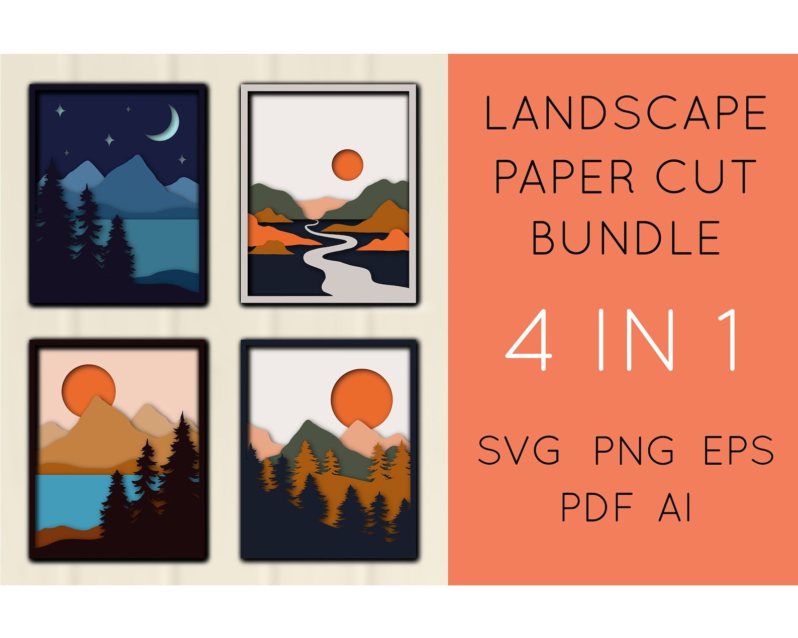 3D Landscape Layered Paper Cut Bundle - Mountains, SVG, PNG Shadow Box ...