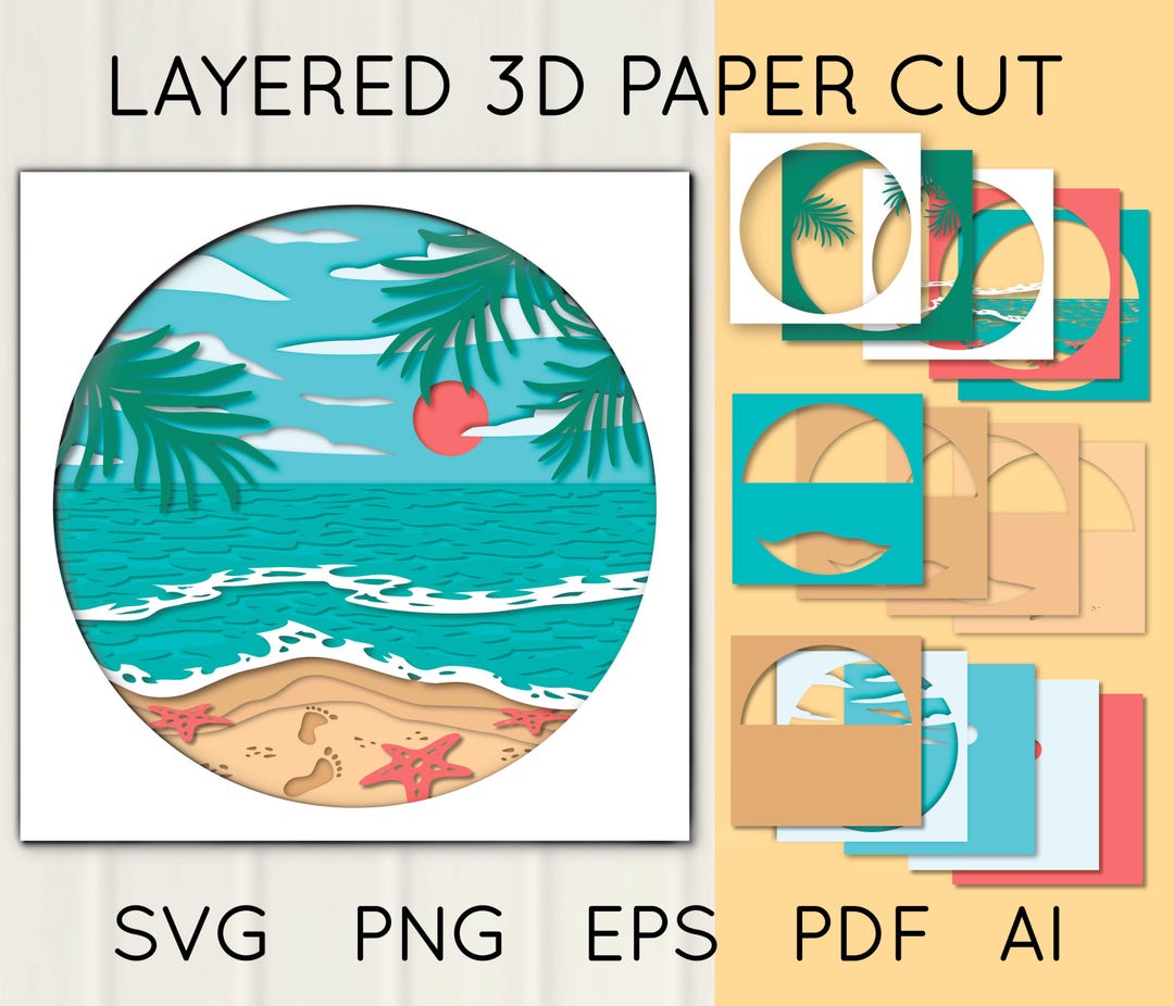 Beach View 3D Shadow Box SVG | Ocean Layered Paper Cut, Sea Papercut ...