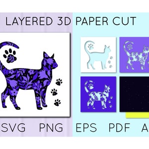 Papier découpé en couches 3D de chat avec des fleurs, SVG, boîte d'ombre de chat, Papercut 3D de patte de chat, modèle pour l'artisanat, svg de silhouette de chat, Cricut, Lightbox