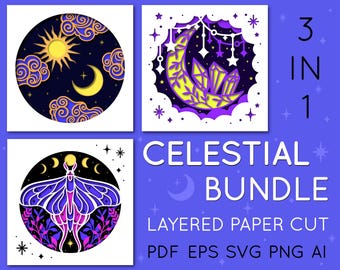 3D Celestial Layered Paper Cut Bundle 3 in 1: Moon and Sun, Luna Moth, Moon and Crystals, SVG, Sky Layered Paper Cut, Boho SVG, Shadow Box