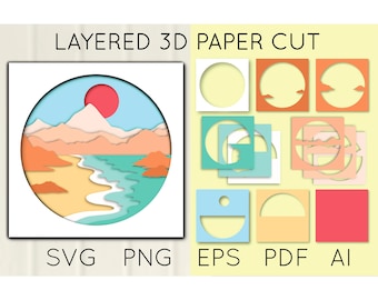 May include: Layered 3D paper cut design of a beach scene with mountains, a sun, and a wavy ocean. The design is in a circle and is ready to be cut out. The image also shows the different layers of the design, which are labeled with the file types SVG, PNG, EPS, PDF, and AI.