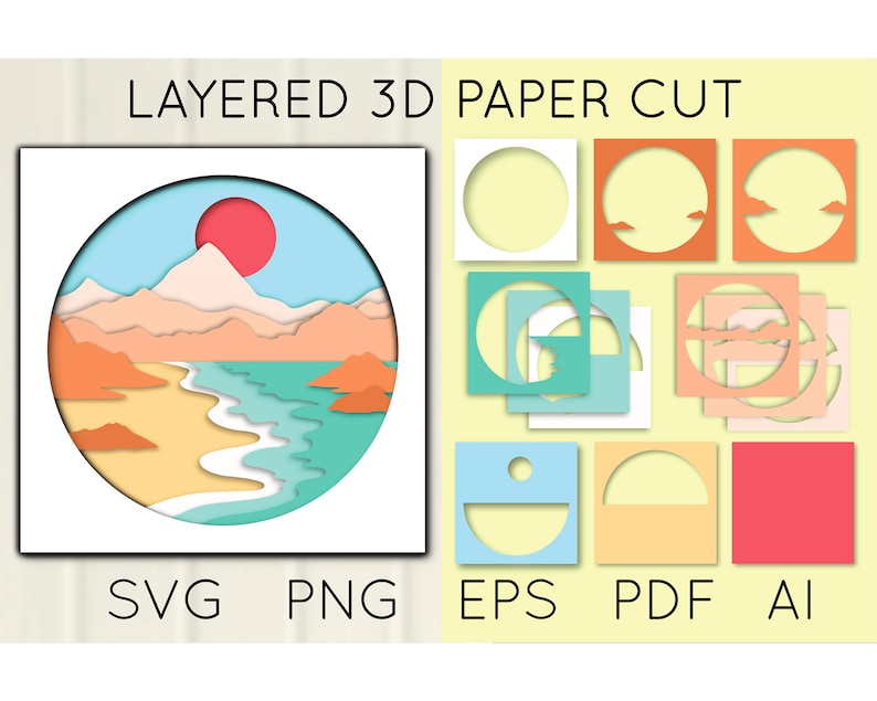 3D Landscape Layered Paper Cut SVG, Mountains SVG, Beach Shadow Box ...