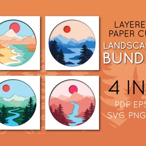 3D Landscapes Layered Papercut Bundle 4 in 1 - Mountains, River, Waterfall, Beach, Cut file template, paper craft, cricut, SVG, Shadow Box