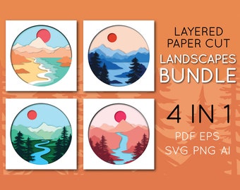May include: A set of four layered paper cut landscape designs. Each design features a mountain range, a river, and a red sun. The designs are available in PDF, EPS, SVG, PNG, and AI formats.  4 IN 1.  Layered Paper Cut Landscapes Bundle.