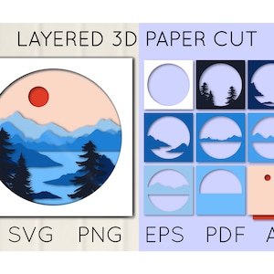 3D Landscape Layered Paper Cut SVG, Mountains, lake and trees, Cut file template, paper craft, cricut file, Shadow Box