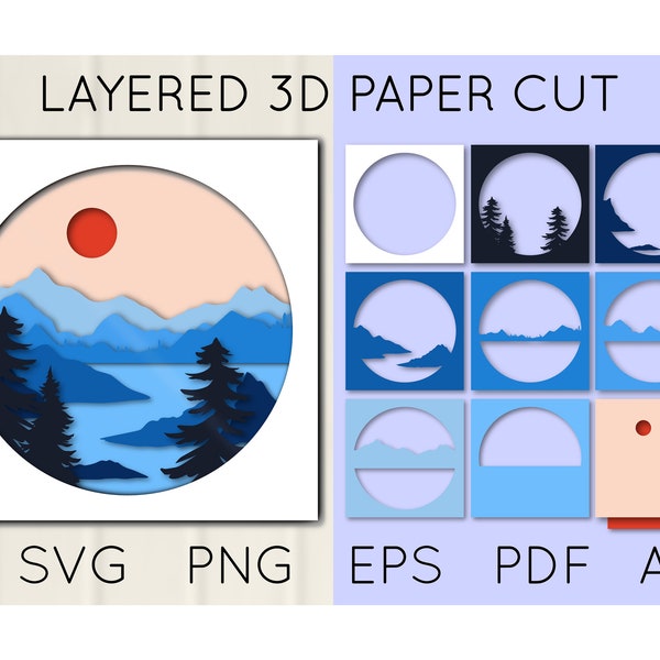 3D Landscape Layered Paper Cut SVG, Mountains, lake and trees, Cut file template, paper craft, cricut file, Shadow Box 3D Landscape Layered Paper Cut SVG, Mountains, lake and trees, Cut file template, paper craft, cricut file, Shadow Box