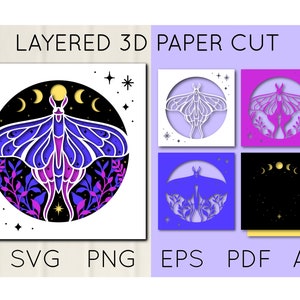 May include: Layered 3D paper cut design featuring a purple and blue moth with floral accents against a black background with gold moons and stars. The design is available in SVG, PNG, EPS, PDF, and AI formats.