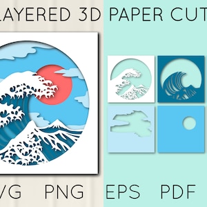 3D Sea Wave Layered Paper Cut, Ocean Wave SVG, Japanese Wave Paper Cut ...
