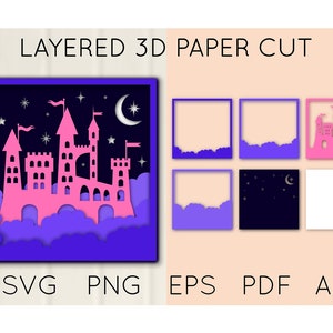 Layered papercut 3D Magic Castle with Stars, Moon and Clouds, Shadow Box, Paper Cut template for crafts SVG PNG EPS pdf