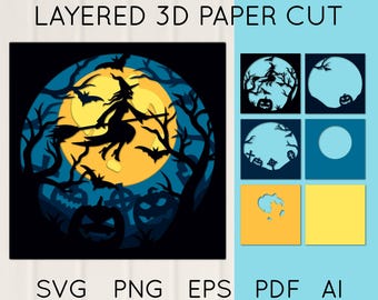 Może przedstawiać: Warstwowy 3D papierowy wzór wycinany przedstawiający czarownicę lecącą na miotle przed pełnią księżyca. Czarownica jest sylwetką na tle księżyca, w tle znajdują się drzewa i dynie. Wzór składa się z wielu warstw papieru, które są wycinane, aby stworzyć efekt 3D. Idealny do dekoracji lub rękodzieła na Halloween.