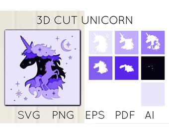 Layered papercut 3D Magic Unicorn with Stars, Moon, Paper Cut template for crafts, Shadow Box, Cricut files, Layered paper craft, Light Box