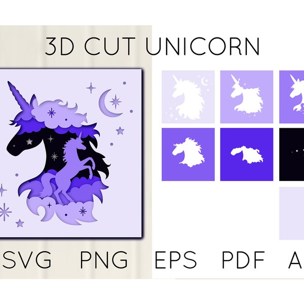 Layered papercut 3D Magic Unicorn with Stars and Moon, Paper Cut template for crafts Layered papercut 3D Magic Unicorn with Stars and Moon, Paper Cut template for crafts