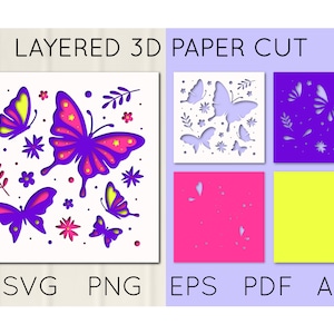 Butterflies and Flowers 3D Layered Paper Cut, PaperCutting digital file, Shadow Box Template for Cricut and Silhouette SVG PNG EPS pdf
