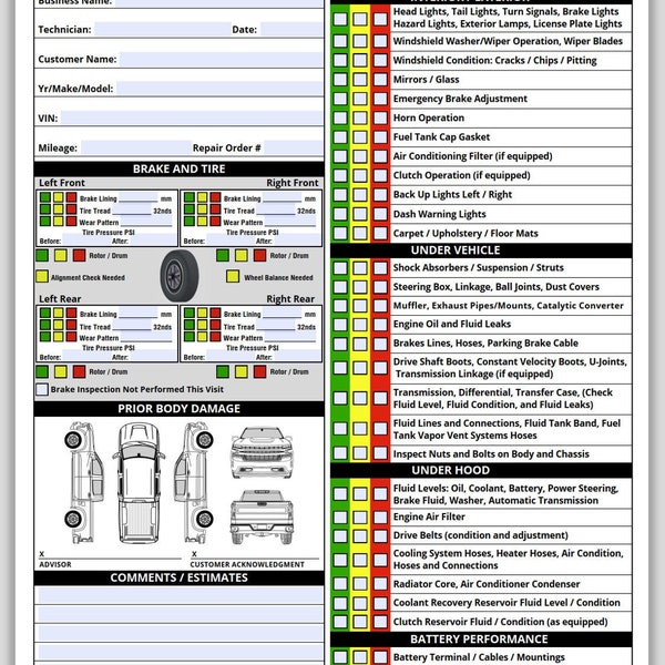 Vehicle Inspection Report for Pickup Truck Inspection Checklist, Multi-point Vehicle Inspection Sheet, Used Vehicle Inspection Sheet PDF