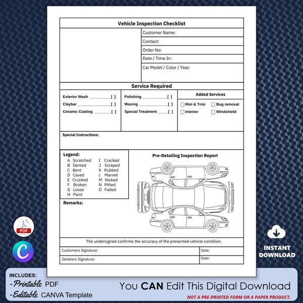 Vorlage für Arbeitsaufträge für die automatische Detaillierung und Checkliste für die Fahrzeuginspektion vor der Detaillierung, All-in-One, Kundenaufnahmeformular, bearbeitbar mit Canva