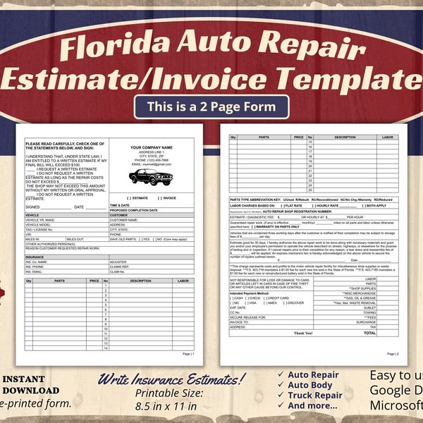 Florida Auto Repair Invoice Template WORD, Auto Repair Estimate, Insurance Supplement Request Form, Auto Repair Invoice Software Work Around