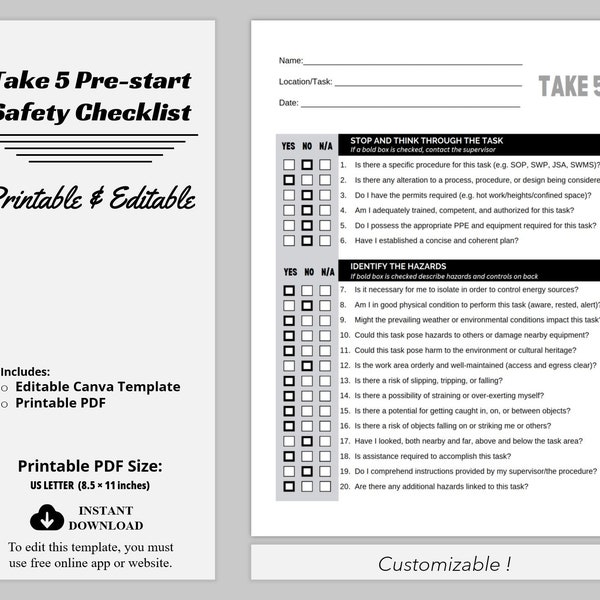 Modèle de liste de contrôle de sécurité préalable au démarrage Take 5 pour l'évaluation des risques pour la sécurité, modèle CANVA modifiable et documents PDF imprimables