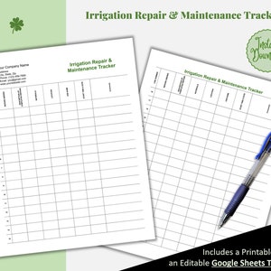 Irrigation Repair & Maintenance Tracker or Log Sheet, Irrigation Service, Irrigation System, Editable Google Sheets Template, Printable PDF