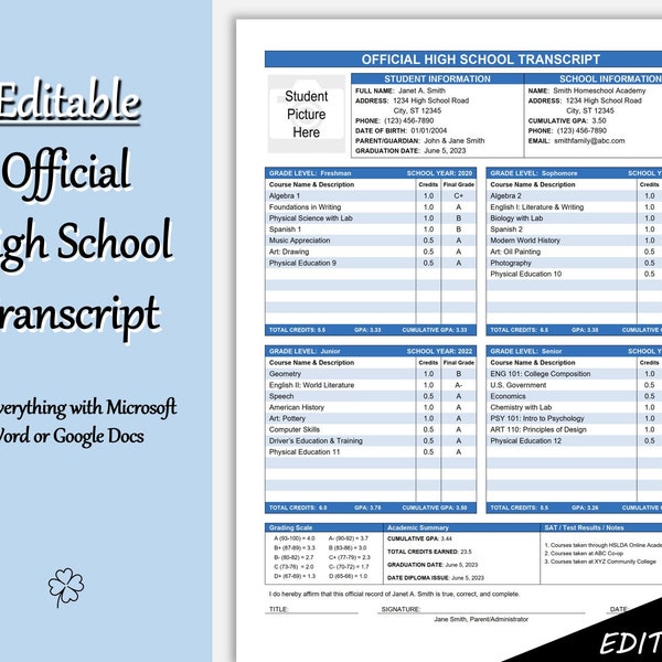 Plantilla de expediente académico de escuela secundaria imprimible y rellenable, plantilla de expediente académico de educación en el hogar, ejemplo de plantilla de Microsoft Word de expediente académico de educación en el hogar