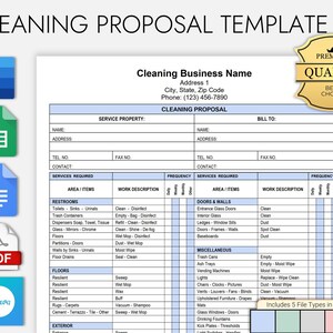 May include: A printable cleaning proposal template with a blue and white color scheme. The template includes sections for service property, bill to, services required, area/items, work description, and frequency. The template also includes a section for miscellaneous items such as trash cans, ash trays, vending machines, lights, chairs, clocks, pictures, vents, louvers, furniture, drapes, mats, glass windows, doors, drinking fountains, kick plates, and thresholds. The template is available in five file types and five colors.