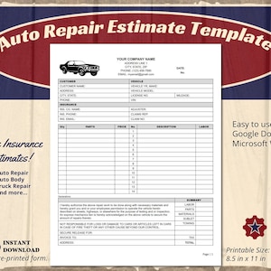 Sjabloon voor schatting autoreparatie met verzekeringsgegevens, ook gebruikt als autoreparatiefactuur of toeslagverzoek, afdrukbaar, invulbaar, bewerkbaar