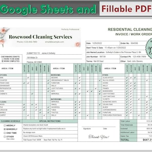 Plantilla de factura o presupuesto de servicio de limpieza residencial, lista de hojas de cálculo de Google, lista de verificación en PDF editable y plantilla de membrete de Canva incluida