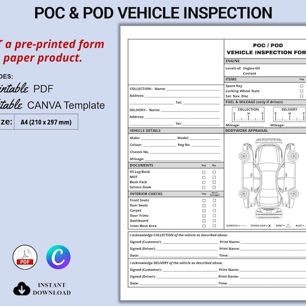 POC & POD Vehicle Inspection Template in a PDF that you print or a Canva template that you edit to send to a printer. -(Not a paper product)