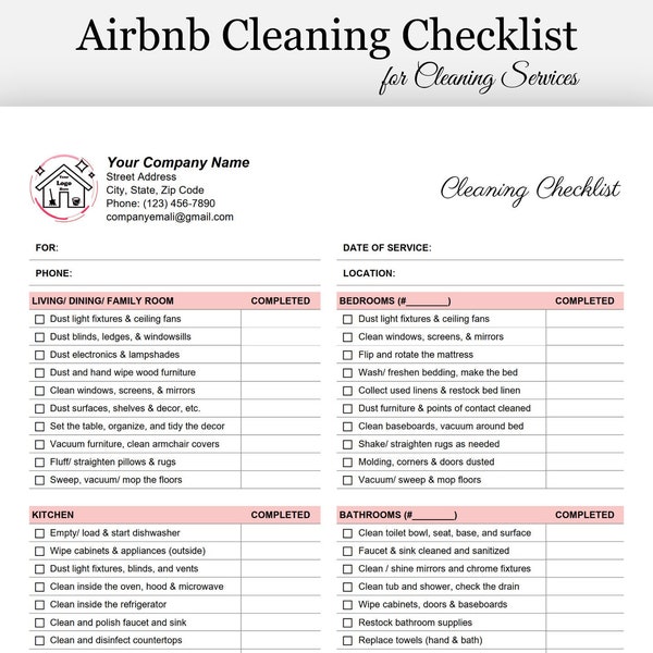 Airbnb Cleaning Checklist for Cleaning Service, Professional Housekeeping Template with Logo, Editable Google Docs or Word Template