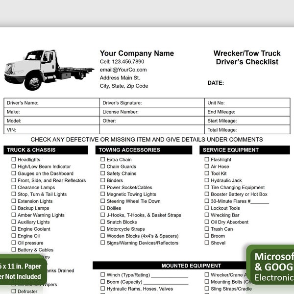 Tow Truck Checklist for Drivers, Wrecker Towing Equipment Checklist, Towing Equipment Provider of Editable Checklist in WORD or GOOGLE DOCS