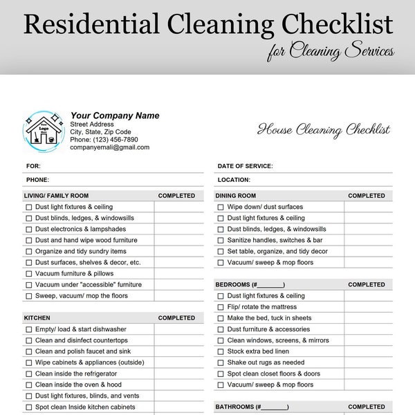 Cleaning Checklist for Cleaning Service, Pro Residential House Cleaning Template with Logo, Editable Google Docs or Microsoft WORD Template