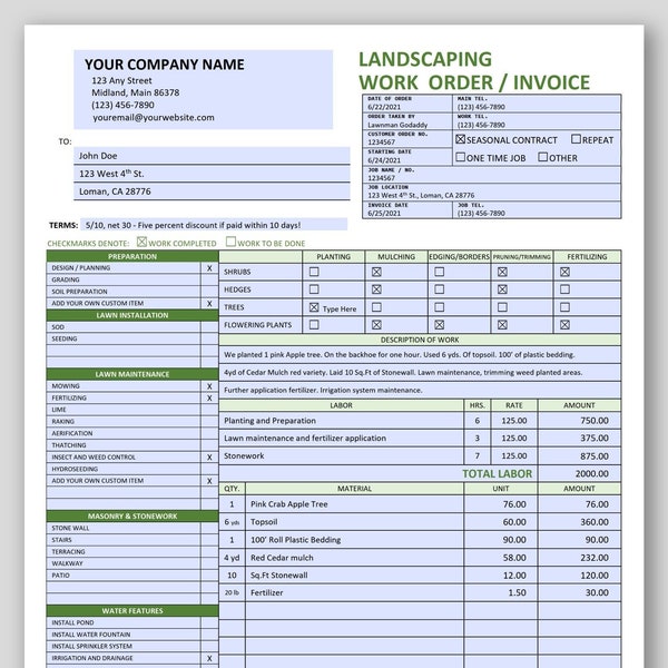 Landscaping Invoice or Work Order, Printable, Editable Invoice or Estimate, Microsoft WORD Template