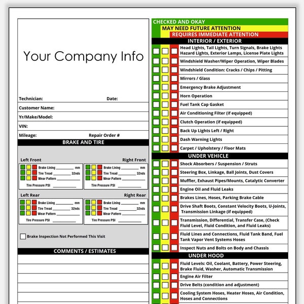 Rapporto di ispezione del veicolo stampabile in formato PDF, modello CANVA Lista di controllo modificabile per l'ispezione del noleggio di auto o attrezzature, foglio di ispezione del veicolo usato