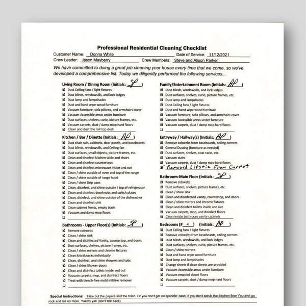 Professional Residential Cleaning Checklist, Editable House Cleaning Template in Microsoft WORD, Google Docs and Adobe Acrobat PDF