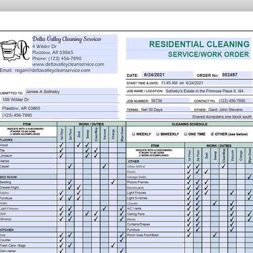 Residential Cleaning Service Estimate Invoice Work Order Etsy