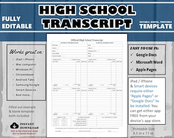 Plantilla de expediente académico de la escuela secundaria Google Docs. Plantilla editable de expediente académico de la escuela secundaria PDF rellenable. Transcripción de la escuela secundaria de educación en el hogar de bricolaje