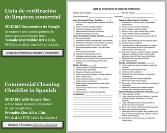 Professional Cleaning Checklist in Spanish. Janitorial Commercial Cleaning Checklist Template. Lista de verificación de limpieza profesional