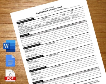 May include: A black and white application for employment form with fields for personal information, education, and previous employment. The form includes sections for name, address, phone number, social security number, school name, location, years attended, degree received, major, employer, duties performed, dates employed, position, and reason for leaving.