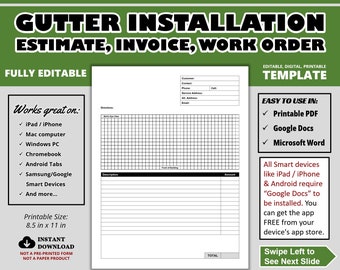 Kostenvoranschlag für die Dachrinneninstallation, Rechnung oder Arbeitsauftrag, druckbare Kostenschätzung für Regenrinnen PDF, Vorlage für die nahtlose Dachrinneninstallation GOOGLE DOCS
