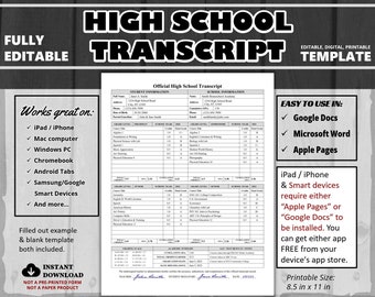 High School Transcript Template Fillable PDF Printable - Etsy