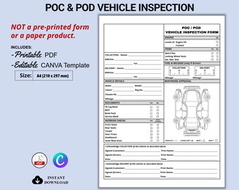 May include: A black and white printable form for vehicle inspection. The form includes sections for engine, items, fuel and mileage, bodywork appraisal, documents, and interior checks. The form is labelled "POC/POD Vehicle Inspection Form".