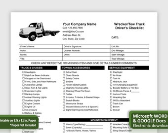 Checkliste für Abschleppwagen für Fahrer, Checkliste für Wrecker-Abschleppgeräte, Anbieter von Abschleppgeräten für bearbeitbare Checklisten in WORD oder GOOGLE DOCS