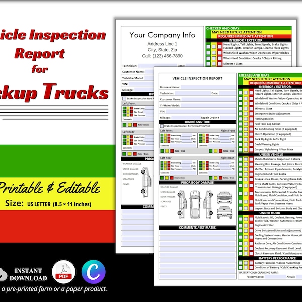 Rapport d'inspection de véhicule imprimable au format PDF pour camionnettes, CT multipoint CANVA modifiable, feuille d'inspection de véhicule d'occasion