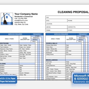 Blue Cleaning Proposal Template WORD, Commercial Cleaning Checklist, Best Fillable Editable Google Docs Cleaning Service Proposal