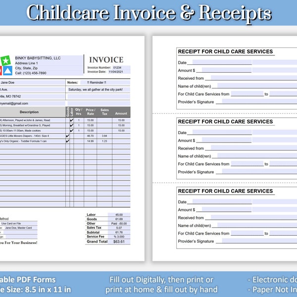 Factuur en ontvangstbewijzen voor kinderopvang, factuursjabloon voor oppasservice (oppasservice), kinderopvang, baby-/peuteropvang, twee bewerkbare afdrukbare Adobe PDF