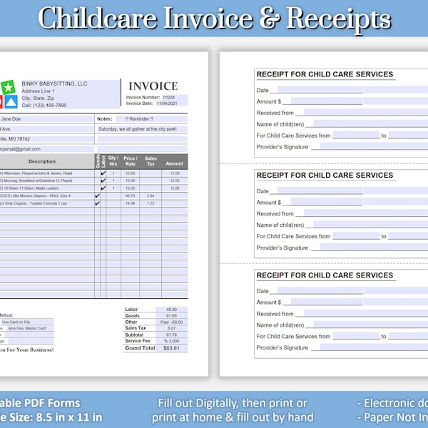 Factuur en ontvangstbewijzen voor kinderopvang, factuursjabloon voor oppasservice (oppasservice), kinderopvang, baby-/peuteropvang, twee bewerkbare afdrukbare Adobe PDF